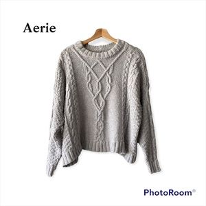 Aerie | Light Gray Cable Knit Sweater | Size Medium | Cozy Fall Sweater | EUC